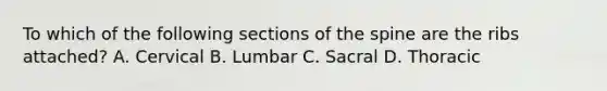 To which of the following sections of the spine are the ribs​ attached? A. Cervical B. Lumbar C. Sacral D. Thoracic