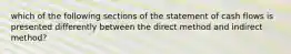 which of the following sections of the statement of cash flows is presented differently between the direct method and indirect method?