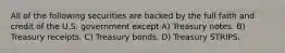 All of the following securities are backed by the full faith and credit of the U.S. government except A) Treasury notes. B) Treasury receipts. C) Treasury bonds. D) Treasury STRIPS.