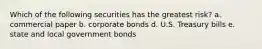 Which of the following securities has the greatest risk? a. commercial paper b. corporate bonds d. U.S. Treasury bills e. state and local government bonds