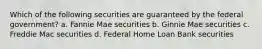 Which of the following securities are guaranteed by the federal government? a. Fannie Mae securities b. Ginnie Mae securities c. Freddie Mac securities d. Federal Home Loan Bank securities