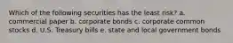 Which of the following securities has the least risk? a. commercial paper b. corporate bonds c. corporate common stocks d. U.S. Treasury bills e. state and local government bonds