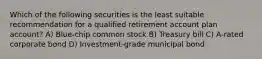 Which of the following securities is the least suitable recommendation for a qualified retirement account plan account? A) Blue-chip common stock B) Treasury bill C) A-rated corporate bond D) Investment-grade municipal bond