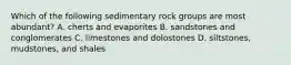 Which of the following sedimentary rock groups are most abundant? A. cherts and evaporites B. sandstones and conglomerates C. limestones and dolostones D. siltstones, mudstones, and shales