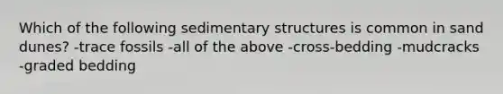 Which of the following sedimentary structures is common in sand dunes? -trace fossils -all of the above -cross-bedding -mudcracks -graded bedding