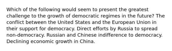 Which of the following would seem to present the greatest challenge to the growth of democratic regimes in the future? The conflict between the United States and the European Union in their support for democracy. Direct efforts by Russia to spread non-democracy. Russian and Chinese indifference to democracy. Declining economic growth in China.