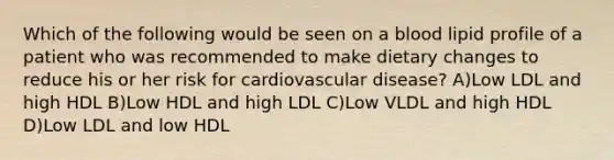 Which of the following would be seen on a blood lipid profile of a patient who was recommended to make dietary changes to reduce his or her risk for cardiovascular disease? A)Low LDL and high HDL B)Low HDL and high LDL C)Low VLDL and high HDL D)Low LDL and low HDL