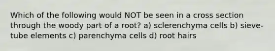 Which of the following would NOT be seen in a cross section through the woody part of a root? a) sclerenchyma cells b) sieve-tube elements c) parenchyma cells d) root hairs