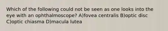 Which of the following could not be seen as one looks into the eye with an ophthalmoscope? A)fovea centralis B)optic disc C)optic chiasma D)macula lutea