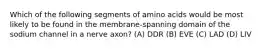 Which of the following segments of amino acids would be most likely to be found in the membrane-spanning domain of the sodium channel in a nerve axon? (A) DDR (B) EVE (C) LAD (D) LIV