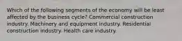 Which of the following segments of the economy will be least affected by the business cycle? Commercial construction industry. Machinery and equipment industry. Residential construction industry. Health care industry.