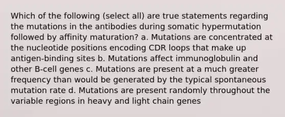 Which of the following (select all) are true statements regarding the mutations in the antibodies during somatic hypermutation followed by affinity maturation? a. Mutations are concentrated at the nucleotide positions encoding CDR loops that make up antigen-binding sites b. Mutations affect immunoglobulin and other B-cell genes c. Mutations are present at a much greater frequency than would be generated by the typical spontaneous mutation rate d. Mutations are present randomly throughout the variable regions in heavy and light chain genes