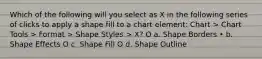 Which of the following will you select as X in the following series of clicks to apply a shape fill to a chart element: Chart > Chart Tools > Format > Shape Styles > X? O a. Shape Borders • b. Shape Effects O c. Shape Fill O d. Shape Outline