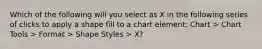 Which of the following will you select as X in the following series of clicks to apply a shape fill to a chart element: Chart > Chart Tools > Format > Shape Styles > X?