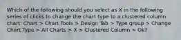 Which of the following should you select as X in the following series of clicks to change the chart type to a clustered column chart: Chart > Chart Tools > Design Tab > Type group > Change Chart Type > All Charts > X > Clustered Column > Ok?