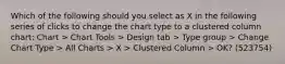 Which of the following should you select as X in the following series of clicks to change the chart type to a clustered column chart: Chart > Chart Tools > Design tab > Type group > Change Chart Type > All Charts > X > Clustered Column > OK? (523754)