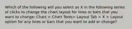 Which of the following will you select as X in the following series of clicks to change the chart layout for lines or bars that you want to change: Chart > Chart Tools> Layout Tab > X > Layout option for any lines or bars that you want to add or change?