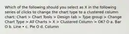 Which of the following should you select as X in the following series of clicks to change the chart type to a clustered column chart: Chart > Chart Tools > Design tab > Type group > Change Chart Type > All Charts > X > Clustered Column > OK? O a. Bar O b. Line • c. Pie O d. Column