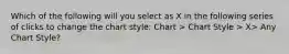 Which of the following will you select as X in the following series of clicks to change the chart style: Chart > Chart Style > X> Any Chart Style?