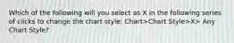 Which of the following will you select as X in the following series of clicks to change the chart style: Chart>Chart Style>X> Any Chart Style?