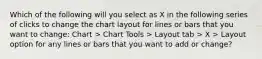 Which of the following will you select as X in the following series of clicks to change the chart layout for lines or bars that you want to change: Chart > Chart Tools > Layout tab > X > Layout option for any lines or bars that you want to add or change?