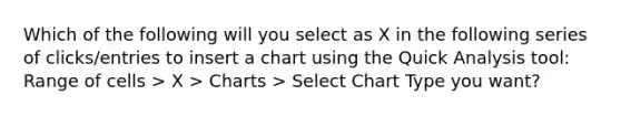 Which of the following will you select as X in the following series of clicks/entries to insert a chart using the Quick Analysis tool: Range of cells > X > Charts > Select Chart Type you want?