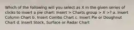 Which of the following will you select as X in the given series of clicks to insert a pie chart: Insert > Charts group > X >? a. Insert Column Chart b. Insert Combo Chart c. Insert Pie or Doughnut Chart d. Insert Stock, Surface or Radar Chart