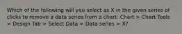 Which of the following will you select as X in the given series of clicks to remove a data series from a chart: Chart > Chart Tools > Design Tab > Select Data > Data series > X?