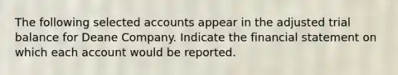 The following selected accounts appear in the adjusted trial balance for Deane Company. Indicate the financial statement on which each account would be reported.