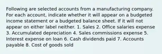 Following are selected accounts from a manufacturing company. For each account, indicate whether it will appear on a budgeted income statement or a budgeted balance sheet. If it will not appear on either label neither. 1. Sales 2. Office salaries expense 3. Accumulated depreciation 4. Sales commissions expense 5. Interest expense on loan 6. Cash dividends paid 7. Accounts payable 8. Cost of goods sold