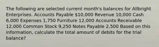 The following are selected current​ month's balances for Allbright Enterprises. Accounts Payable 10,000 Revenue 10,000 Cash 6,000 Expenses 1,750 Furniture 12,000 Accounts Receivable 12,000 Common Stock 9,250 Notes Payable 2,500 Based on this​ information, calculate the total amount of debits for the trial​ balance?