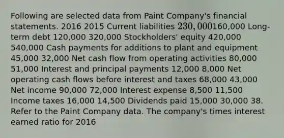 Following are selected data from Paint Company's financial statements. 2016 2015 Current liabilities 230,000160,000 Long-term debt 120,000 320,000 Stockholders' equity 420,000 540,000 Cash payments for additions to plant and equipment 45,000 32,000 Net cash flow from operating activities 80,000 51,000 Interest and principal payments 12,000 8,000 Net operating cash flows before interest and taxes 68,000 43,000 Net income 90,000 72,000 Interest expense 8,500 11,500 Income taxes 16,000 14,500 Dividends paid 15,000 30,000 38. Refer to the Paint Company data. The company's times interest earned ratio for 2016