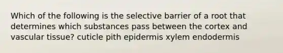 Which of the following is the selective barrier of a root that determines which substances pass between the cortex and vascular tissue? cuticle pith epidermis xylem endodermis