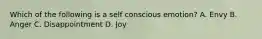 Which of the following is a self conscious emotion? A. Envy B. Anger C. Disappointment D. Joy