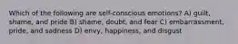 Which of the following are self-conscious emotions? A) guilt, shame, and pride B) shame, doubt, and fear C) embarrassment, pride, and sadness D) envy, happiness, and disgust