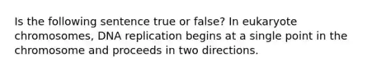 Is the following sentence true or false? In eukaryote chromosomes, DNA replication begins at a single point in the chromosome and proceeds in two directions.