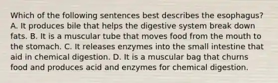 Which of the following sentences best describes the esophagus? A. It produces bile that helps the digestive system break down fats. B. It is a muscular tube that moves food from the mouth to the stomach. C. It releases enzymes into the small intestine that aid in chemical digestion. D. It is a muscular bag that churns food and produces acid and enzymes for chemical digestion.