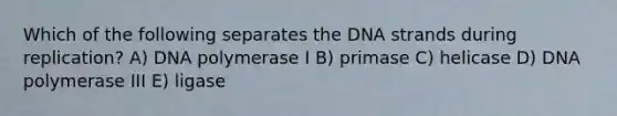 Which of the following separates the DNA strands during replication? A) DNA polymerase I B) primase C) helicase D) DNA polymerase III E) ligase