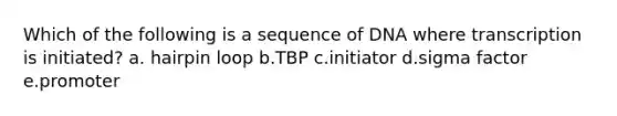 Which of the following is a sequence of DNA where transcription is initiated? a. hairpin loop b.TBP c.initiator d.sigma factor e.promoter