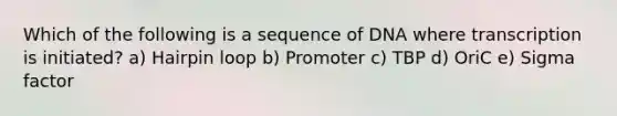 Which of the following is a sequence of DNA where transcription is initiated? a) Hairpin loop b) Promoter c) TBP d) OriC e) Sigma factor