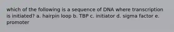 which of the following is a sequence of DNA where transcription is initiated? a. hairpin loop b. TBP c. initiator d. sigma factor e. promoter