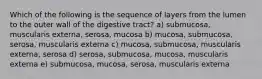 Which of the following is the sequence of layers from the lumen to the outer wall of the digestive tract? a) submucosa, muscularis externa, serosa, mucosa b) mucosa, submucosa, serosa, muscularis externa c) mucosa, submucosa, muscularis externa, serosa d) serosa, submucosa, mucosa, muscularis externa e) submucosa, mucosa, serosa, muscularis externa