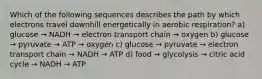 Which of the following sequences describes the path by which electrons travel downhill energetically in aerobic respiration? a) glucose → NADH → electron transport chain → oxygen b) glucose → pyruvate → ATP → oxygen c) glucose → pyruvate → electron transport chain → NADH → ATP d) food → glycolysis → citric acid cycle → NADH → ATP