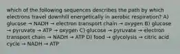 which of the following sequences describes the path by which electrons travel downhill energetically in aerobic respiration? A) glucose → NADH → electron transport chain → oxygen B) glucose → pyruvate → ATP → oxygen C) glucose → pyruvate → electron transport chain → NADH → ATP D) food → glycolysis → citric acid cycle → NADH → ATP