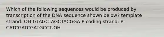 Which of the following sequences would be produced by transcription of the DNA sequence shown below? template strand: OH-GTAGCTAGCTACGGA-P coding strand: P- CATCGATCGATGCCT-OH