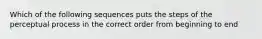 Which of the following sequences puts the steps of the perceptual process in the correct order from beginning to end