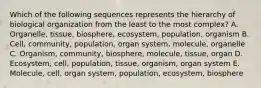 Which of the following sequences represents the hierarchy of biological organization from the least to the most complex? A. Organelle, tissue, biosphere, ecosystem, population, organism B. Cell, community, population, organ system, molecule, organelle C. Organism, community, biosphere, molecule, tissue, organ D. Ecosystem, cell, population, tissue, organism, organ system E. Molecule, cell, organ system, population, ecosystem, biosphere