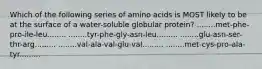 Which of the following series of amino acids is MOST likely to be at the surface of a water-soluble globular protein? ........met-phe-pro-ile-leu........ ........tyr-phe-gly-asn-leu......... ........glu-asn-ser-thr-arg......... ........val-ala-val-glu-val......... ........met-cys-pro-ala-tyr.........