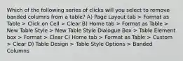 Which of the following series of clicks will you select to remove banded columns from a table? A) Page Layout tab > Format as Table > Click on Cell > Clear B) Home tab > Format as Table > New Table Style > New Table Style Dialogue Box > Table Element box > Format > Clear C) Home tab > Format as Table > Custom > Clear D) Table Design > Table Style Options > Banded Columns