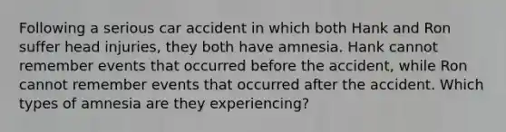 Following a serious car accident in which both Hank and Ron suffer head injuries, they both have amnesia. Hank cannot remember events that occurred before the accident, while Ron cannot remember events that occurred after the accident. Which types of amnesia are they experiencing?